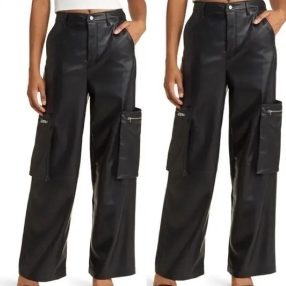 BlankNYC Black Faux Leather Wide Leg Cargo Pants Size 27